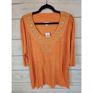 J. Jill Women's Love Linen Sequin Embroidered Orange Scoop Neck 3/4 Sleeve Top L